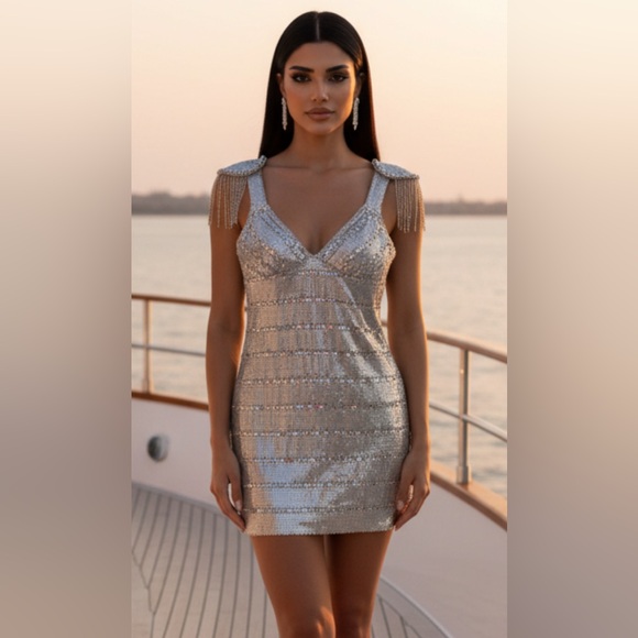 Basix Black Label Dresses & Skirts - 162. BASIX Black Label Silver Metallic Cochella Style Mini Dress •2